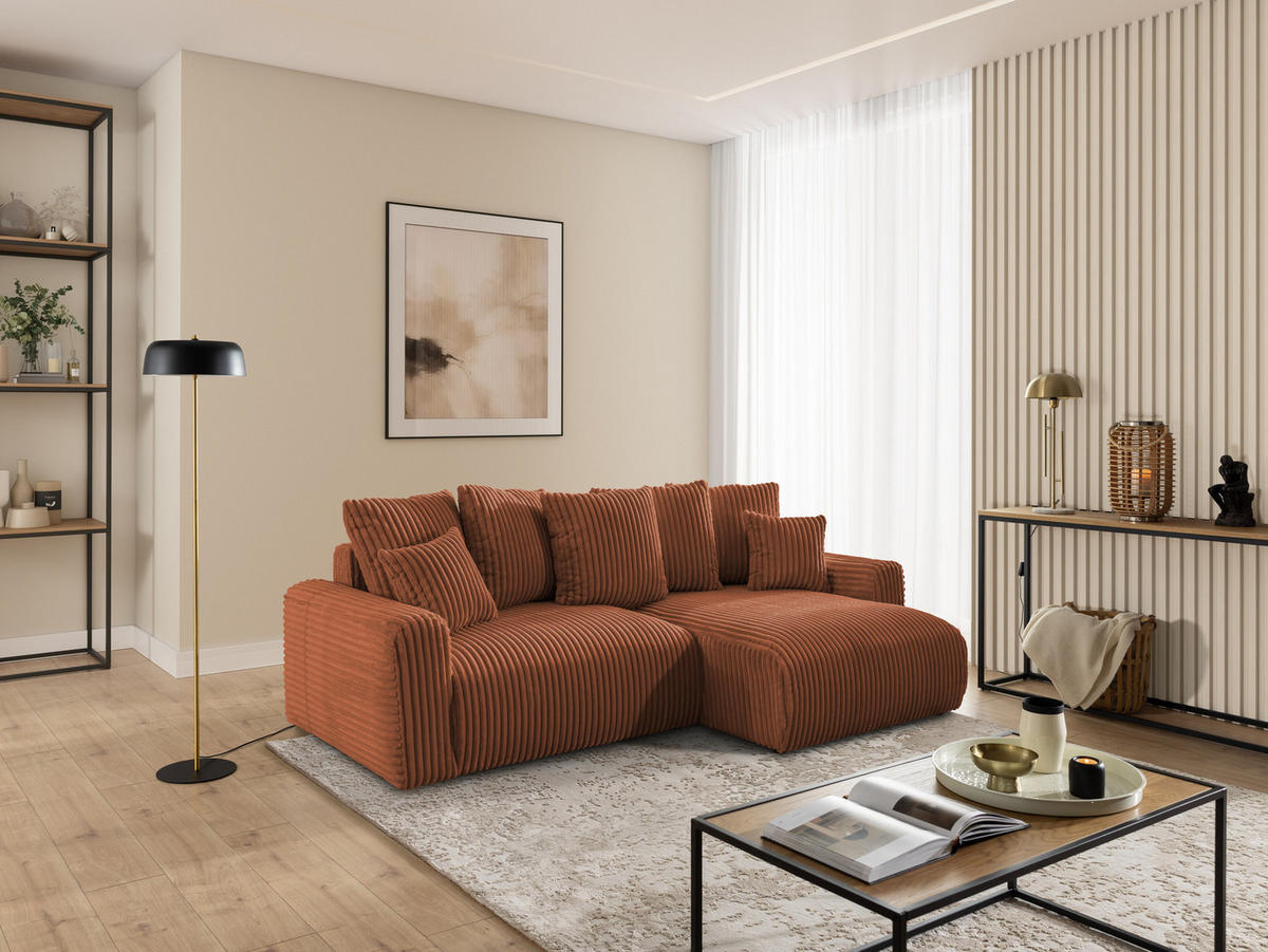 ECKSOFA Calma mit Schlaffunktion und Bettkasten im Bumpy-Design aus weichem Terrakotta Plüschcord - Ottomane rechts - Terracotta/Schwarz, Holz/Kunststoff (140/239cm) - S-Style