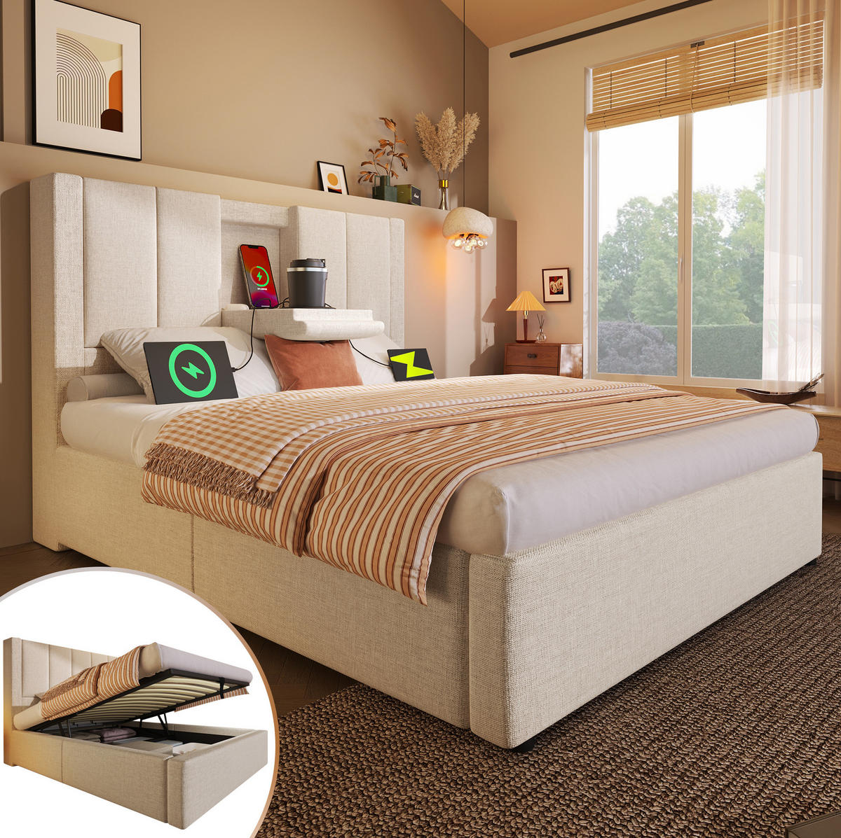 POLSTERBETT 90/200 cm Beige aus Leinen mit Stauraum - Beige, Textil (90/200cm) - OKMYHOME