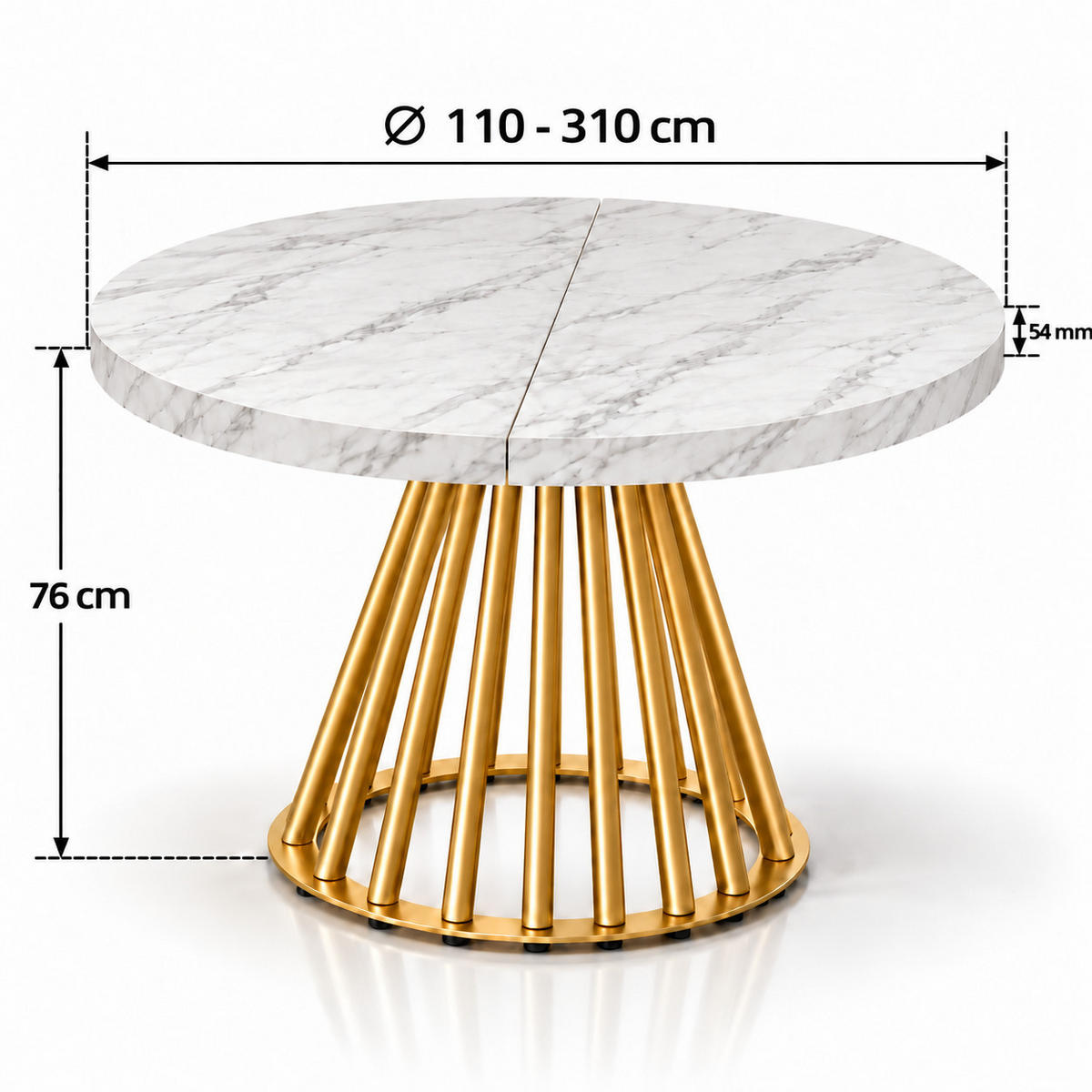 ESSTISCH rund ausziehbar 110/310/76 cm, Marmor, 54 cm Tischplatte + Lamellen-Metallgestell Gold - Goldfarben/Hellgrau, Holzwerkstoff/Metall (110/310/76cm) - Damale Möbel