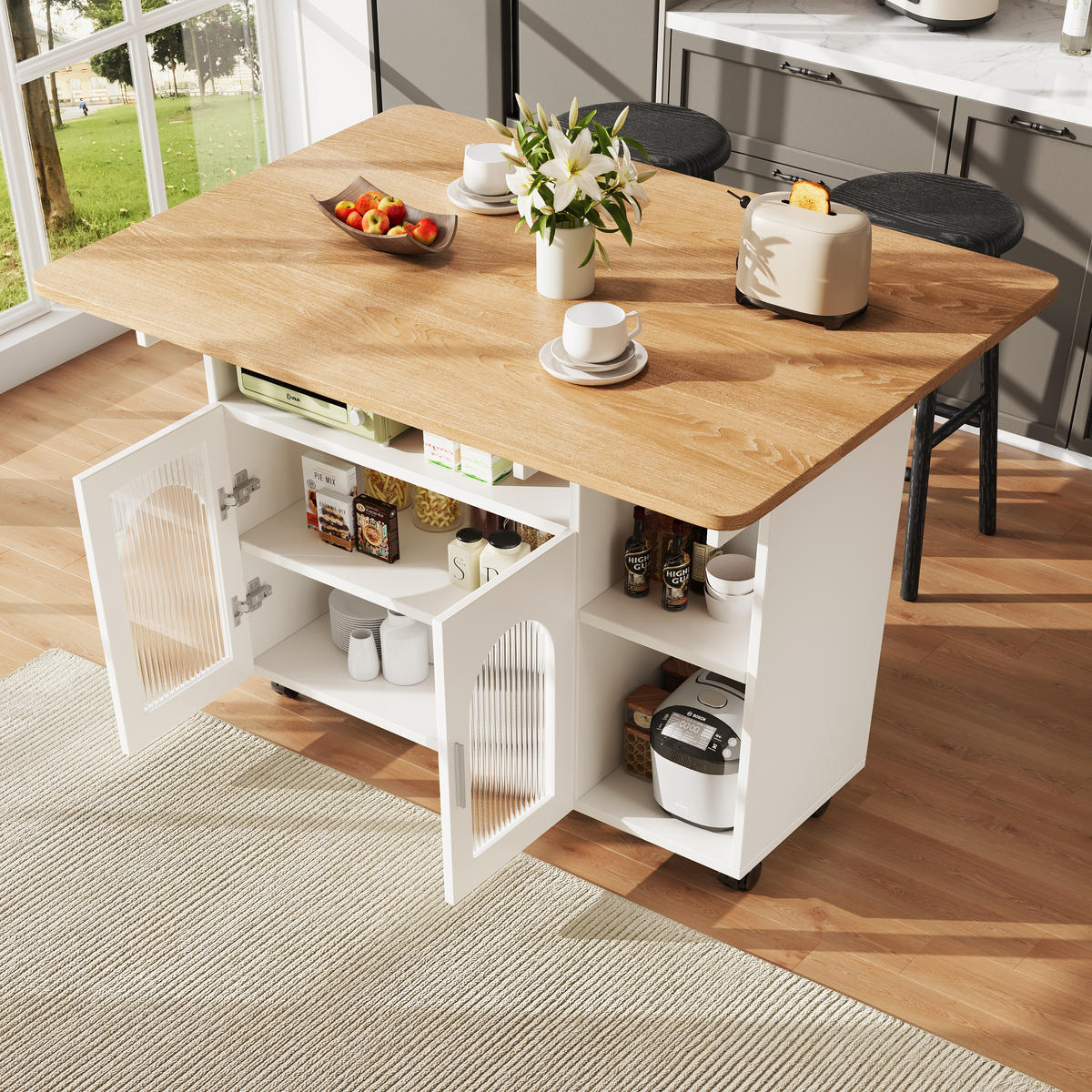 KÜCHENINSEL 120x70x79.5cm Weiß mit Klappplatte, Ablageflächen, Schränken & 5 Rollen - Weiß, Holzwerkstoff (120/79.5/70cm) - Modfu