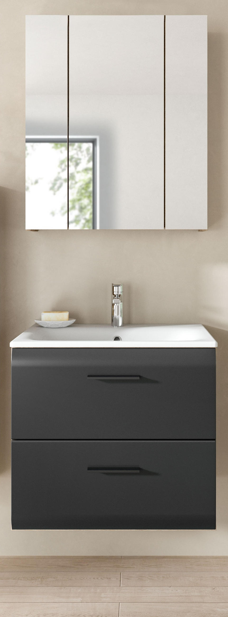 BADMÖBEL Set 2-teilig in schwarz matt und Nox Eiche Badkombination 60 x 185 cm Cover - Eichefarben/Schwarz, Glas/Holz (60/185/46cm) - Inn.Furn