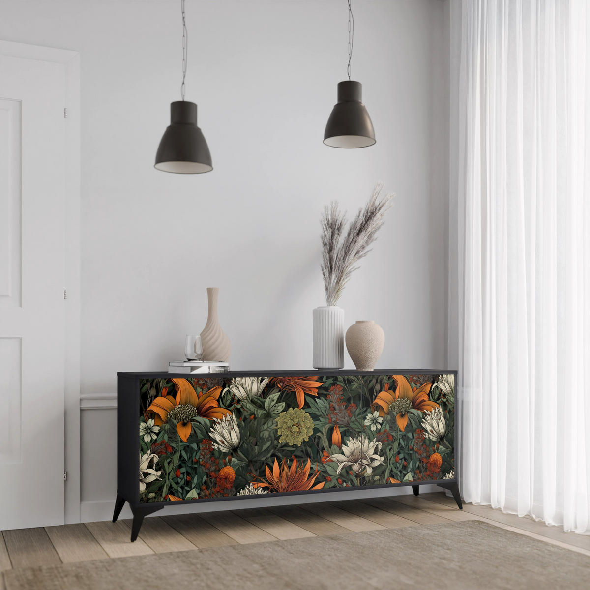 SIDEBOARD MIDNIGHT SPROUT, Eicheneffekt, 164,5x42x77,5 cm, 3 Türen - Eichefarben/Buchefarben, Holzwerkstoff/Buchenholz (164.5/77.5/42cm) - SpaceRebels