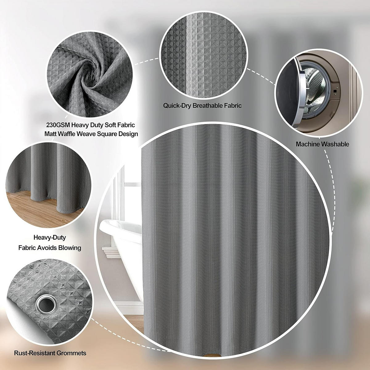 DUSCHVORHANG Grau 80 x 180 cm Waffelstruktur Polyester wasserabweisend schlicht langlebig fürs Badezimmer - Grau, Textil (180/80cm) - MCBOSON