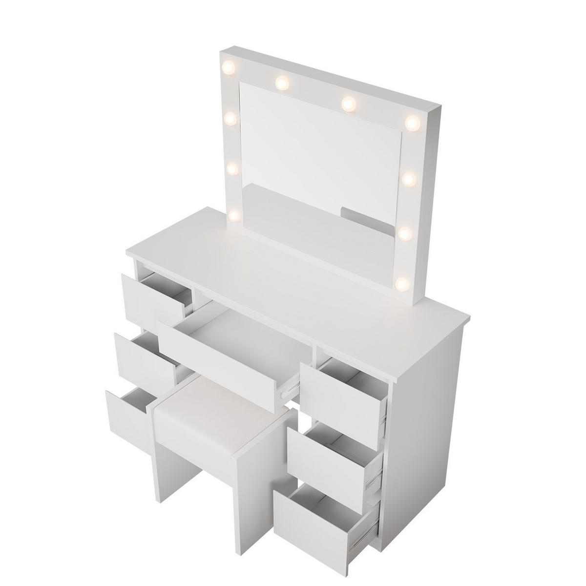 SCHMINKTISCH Talea mit LED (3 Lichtstufen) inkl Hocker Melly - Weiß, Holz (110/141/40cm) - Juskys