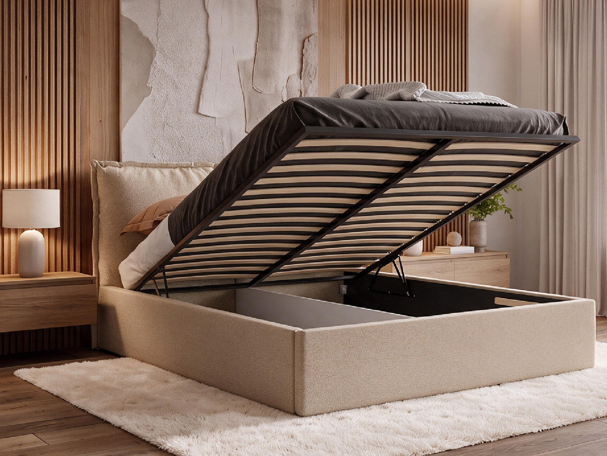 POLSTERBETT MIRA 140x200 cm mit Bettkasten, Stauraum und Metall-Lattenrost – VIBE Beige - Beige/Schwarz, Textil/Metall (140/200cm) - Luxkor24