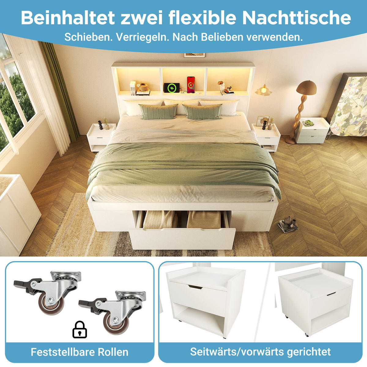 BETT 140/190 cm in Weiß mit Schublade, Regalen, LED und USB Type-C Holz Design - Weiß, Holzwerkstoff (140/190cm) - STILVORA