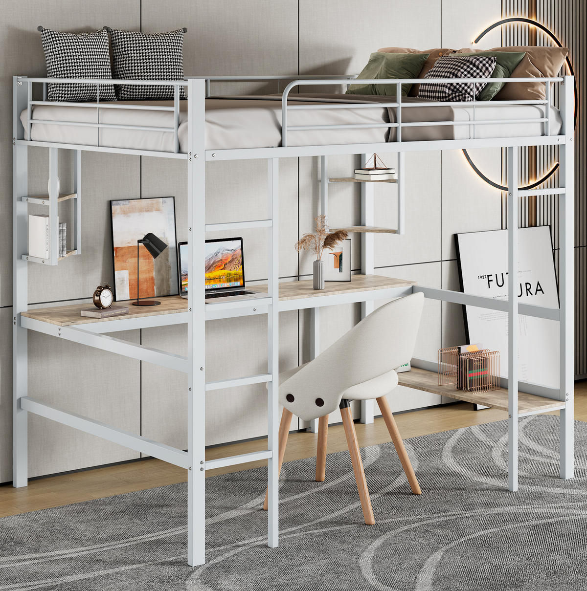 VISOKA postelja 90/200 cm bela s pisalno mizo in policami iz kovine in MDF - bela, kovina (90/200cm) - OKWISH