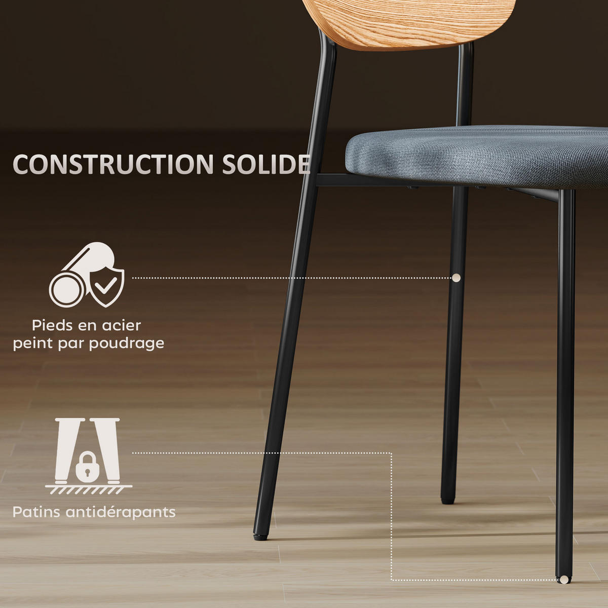 ESSZIMMERSTÜHLE 2er-Set DE-13272 geschwungene Rückenlehne Grau/Holzoptik - Naturfarben, Metall (45/76/49cm) - ComfortXL