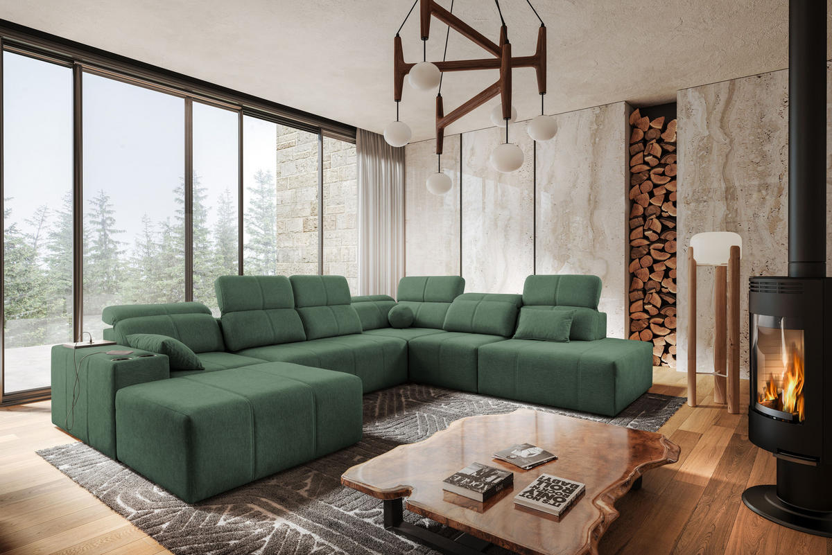 ECKSOFA Multifunktional Mindy X Stoff Verita Grün Links - Grün, Holz (300/359cm) - Kaiser Möbel