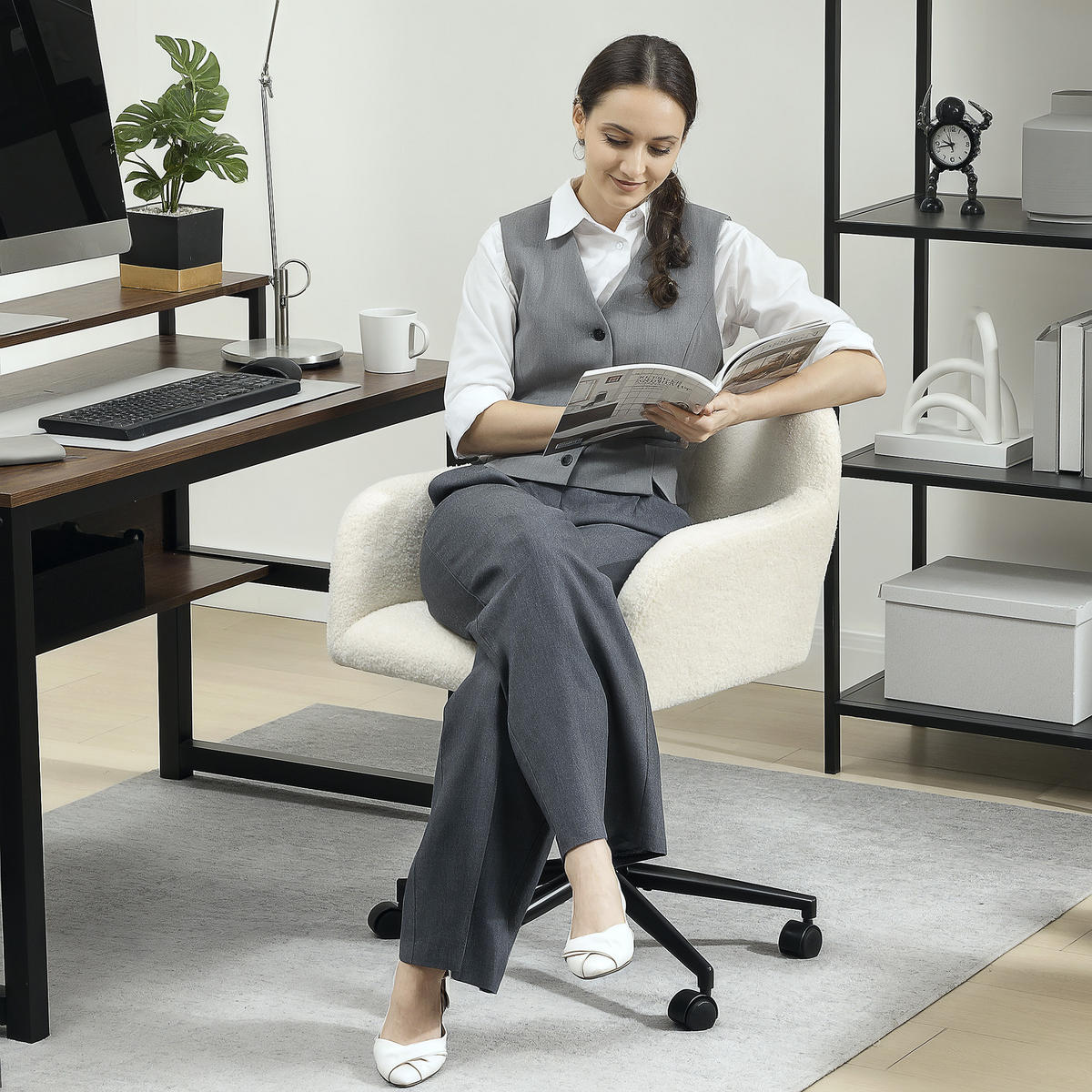 BÜROSTUHL DE-05185 Fleece-Stoff, höhenverstellbar & drehbar Cremeweiß - Creme, Metall (60.7/84/63.3cm) - ComfortXL