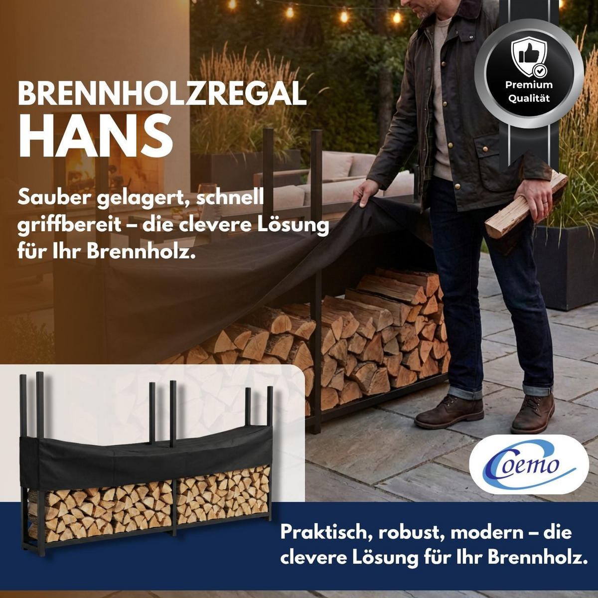 BRENNHOLZREGAL HANS Metall Schwarz 223/25/115 cm - Schwarz, Metall (25/115/223cm) - Coemo