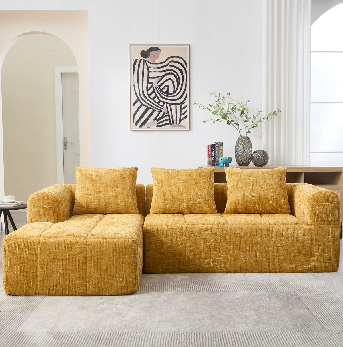 SOFA mit Chaiselongue 250 x 158 cm Chenille Yellow - Gelb, Textil (158/250cm) - Meubliv