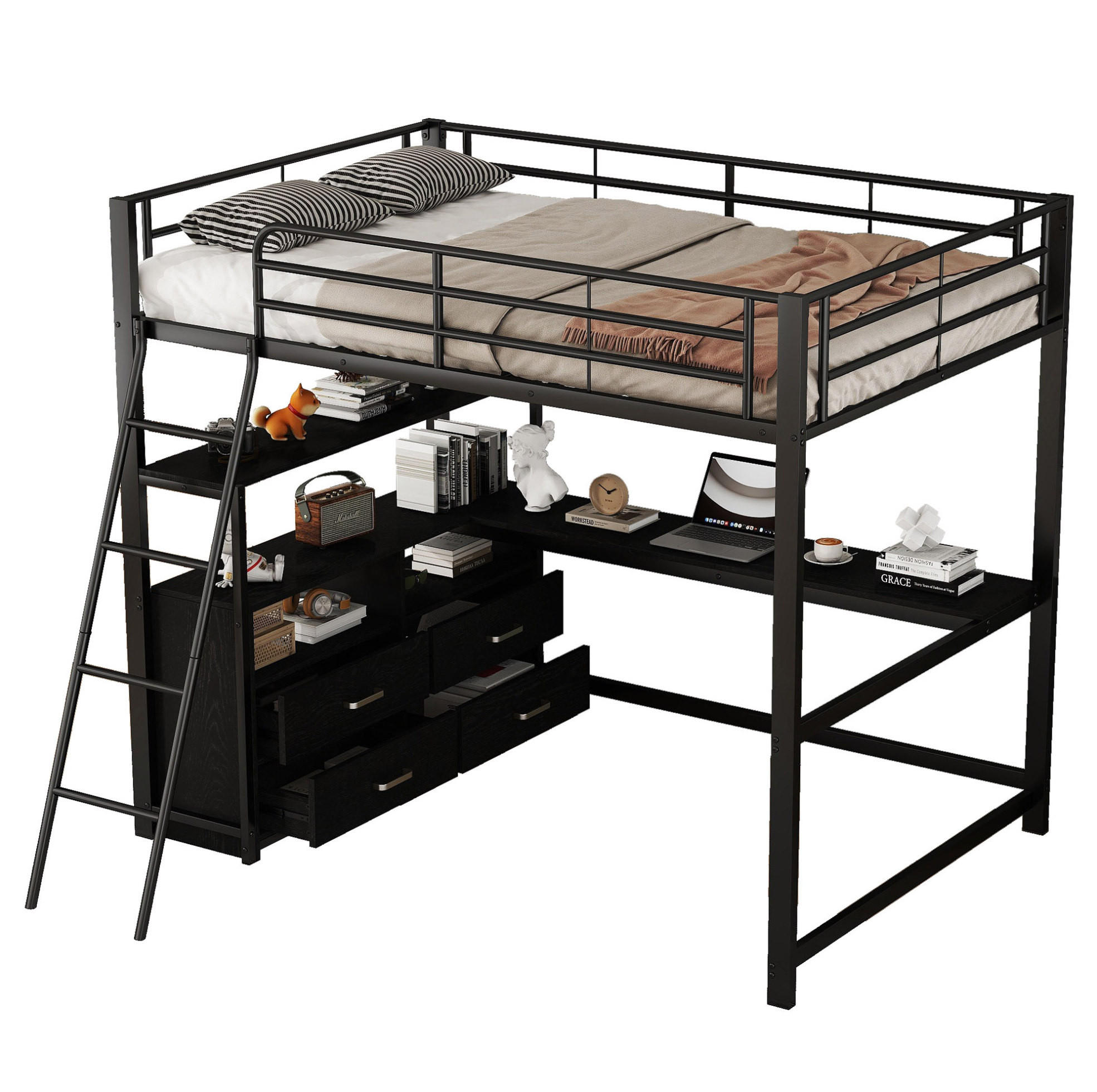 HOCHBETT 140/200 cm Schwarz aus Metall und MDF mit L-förmigem Schreibtisch - Schwarz, Metall (140/200cm) - OKMYHOME