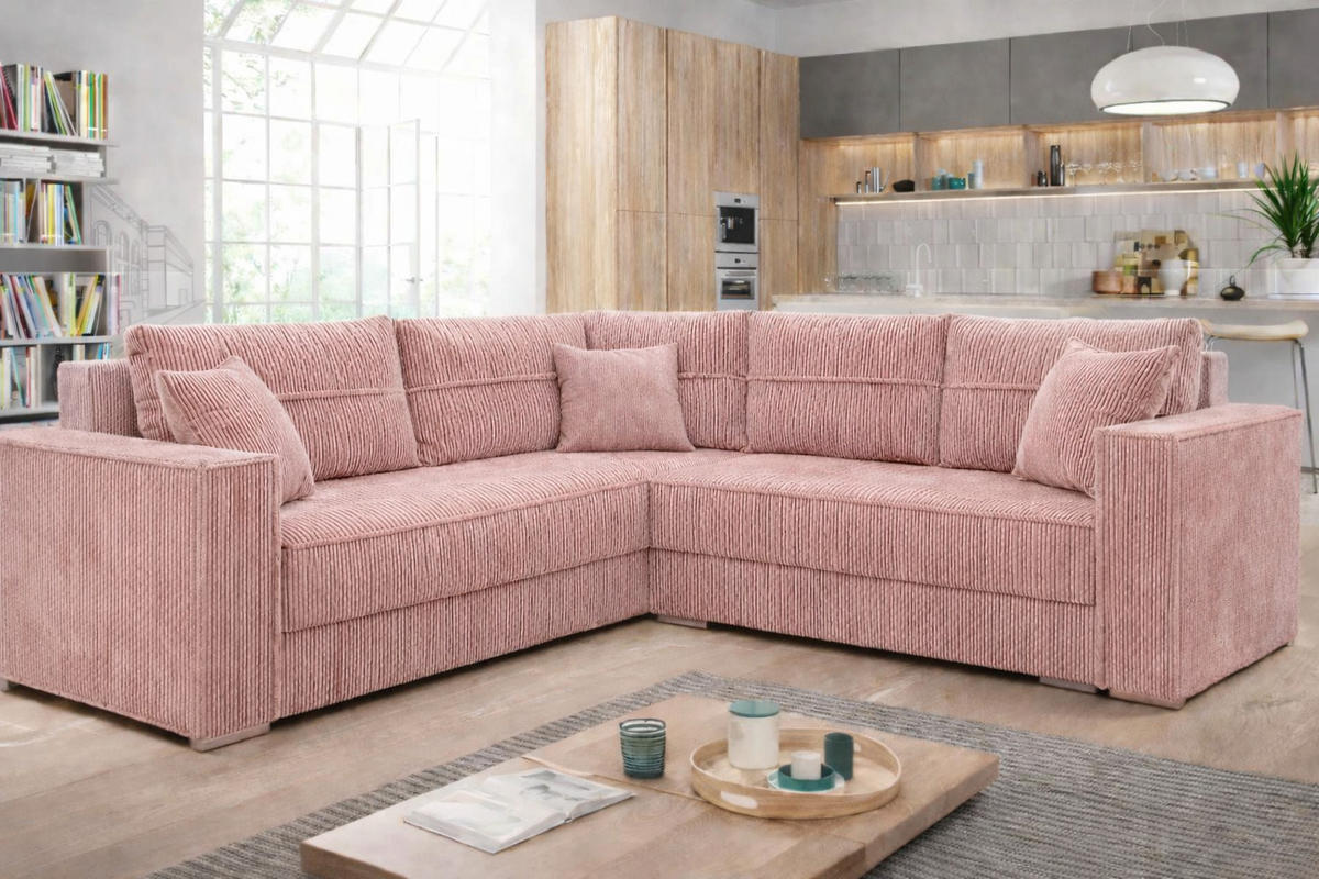 ECKSOFA PARIS – L-Form mit Schlaffunktion & Bettkasten Flauschiger Cord Stoff POSO Rosa - Rosa, Kunststoff (239/222cm) - Wohnideebilder
