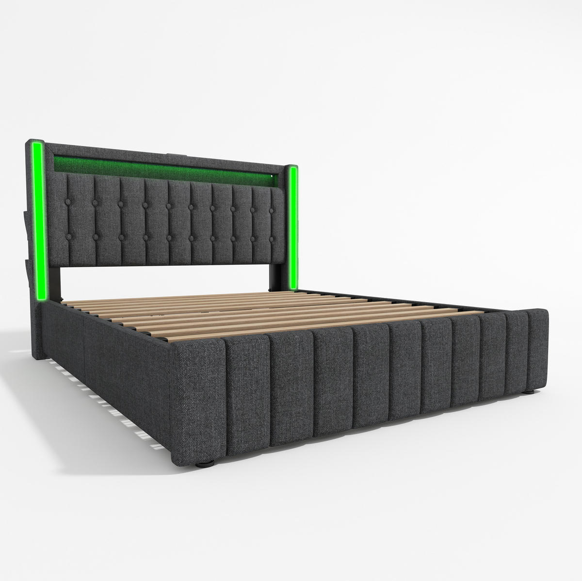 TAPECIRANI krevet od lanene tkanine 140x200 cm sivi s LED rasvjetom, USB/Type-C punjenjem i 4 ladice - siva, tekstil (140/200cm) - Modfu