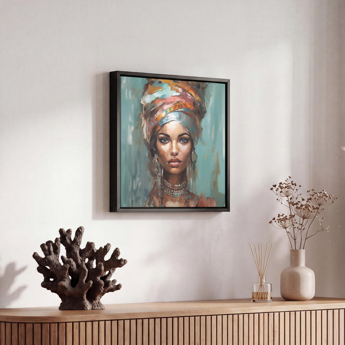 LEINWAND Bilder mit Rahmen - Frau - Kunst - Schmuck - Porträt - 20x20 - Blaugrau, Textil (20/20cm) - MuchoWow