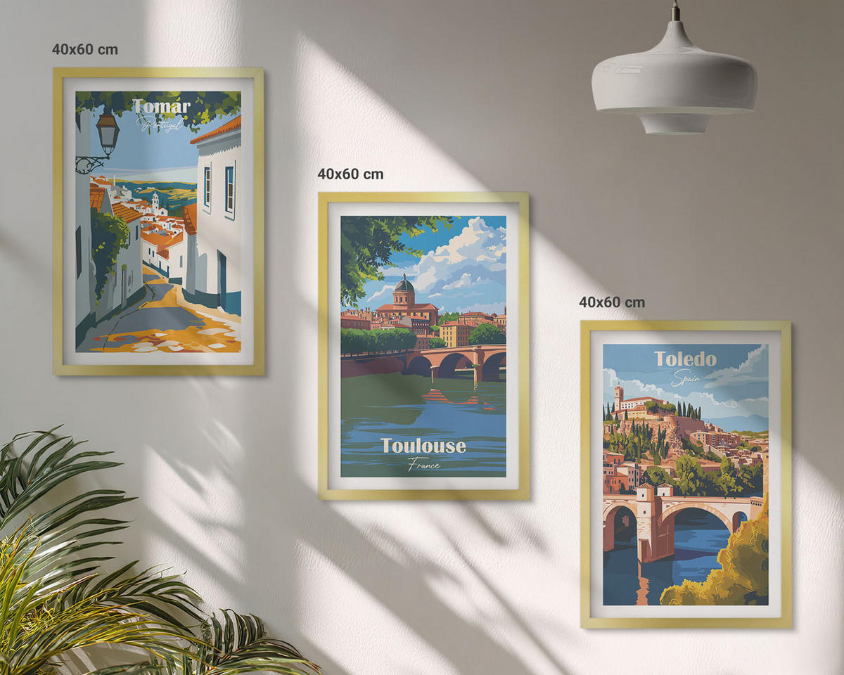 WANDBILDER 3er Set - 40x60 cm Goldrahmen - Retro-Stadtgrafiken - Goldfarben, Kunststoff (40/60cm) - ArtPrintCave