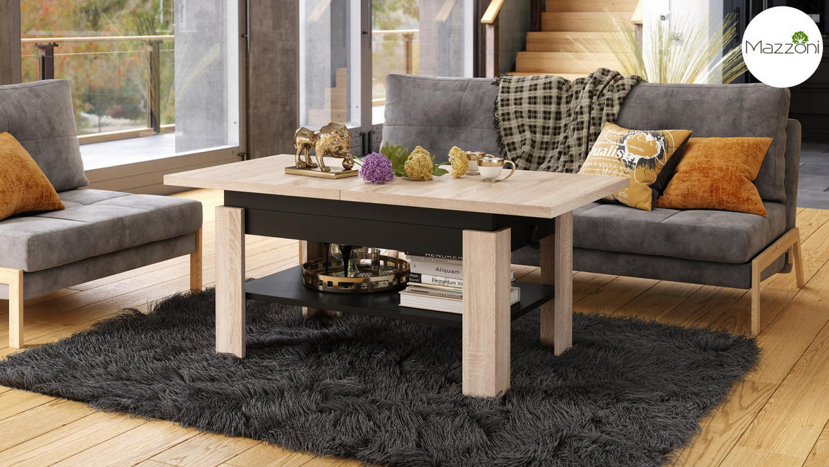 COUCHTISCH rechteckig Sonoma Eiche - Schwarz ausziehbar höhenverstellbar - Schwarz/Sonoma Eiche, Holzwerkstoff (65/130/58cm) - designimpex