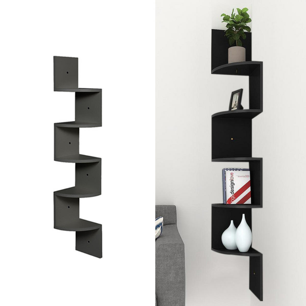 WANDREGAL 5-Stufig aus Holz in Schwarz Wandmontage Platzsparend Praktisch Modernes Design 19,8 x 19,8 x 125 cm - Schwarz, Holzwerkstoff (19.5/122/19.5cm) - Livingandhome