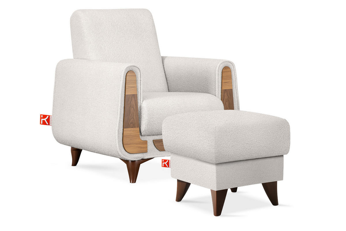 HOCKER GUSTAVO Fußstütze, Bouclé, Weiß - Weiß, Holz/Holzwerkstoff (53/49/53cm) - KONSIMO®