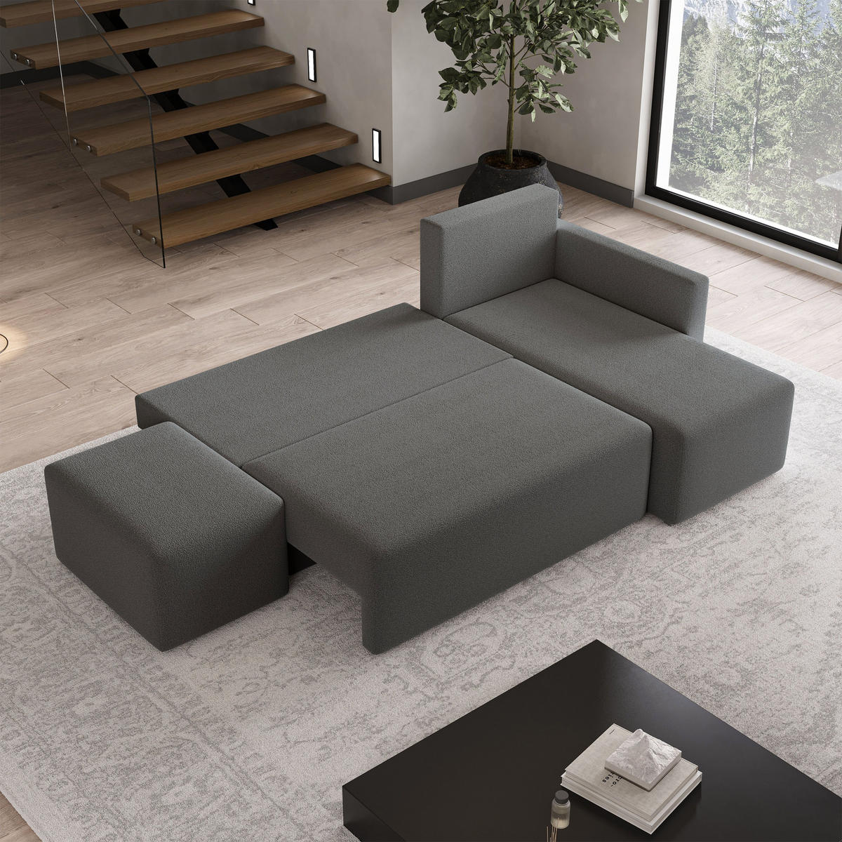 ECKSOFA VELOTTI R-S Grau Boucle-Stoff mit Schlaffunktion - Grau, Holz (261/143cm) - MASSENO