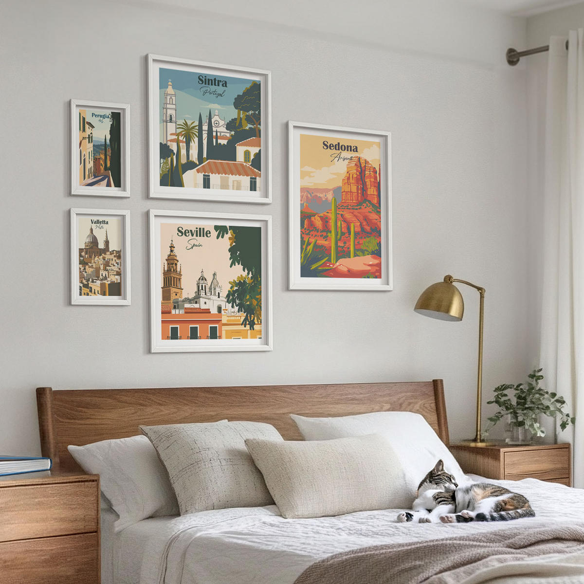 WANDBILDER 5er-Set - 50x50 cm & 20x30 cm & 40x60 cm Weißer Rahmen - Illustrationen von Küstenstädten - Weiß, Kunststoff (40/60cm) - ArtPrintCave
