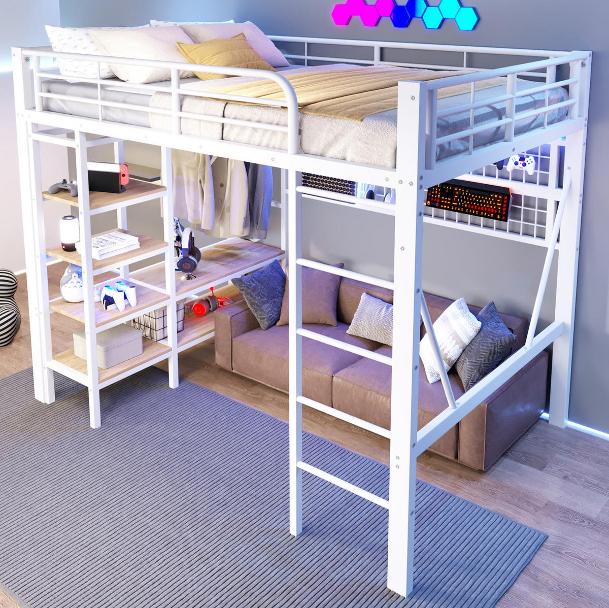 HOCHBETT 140/200 cm Weiß mit LED und Kleiderstange ohne Matratze - Weiß, Metall (140/200cm) - MIVRAY