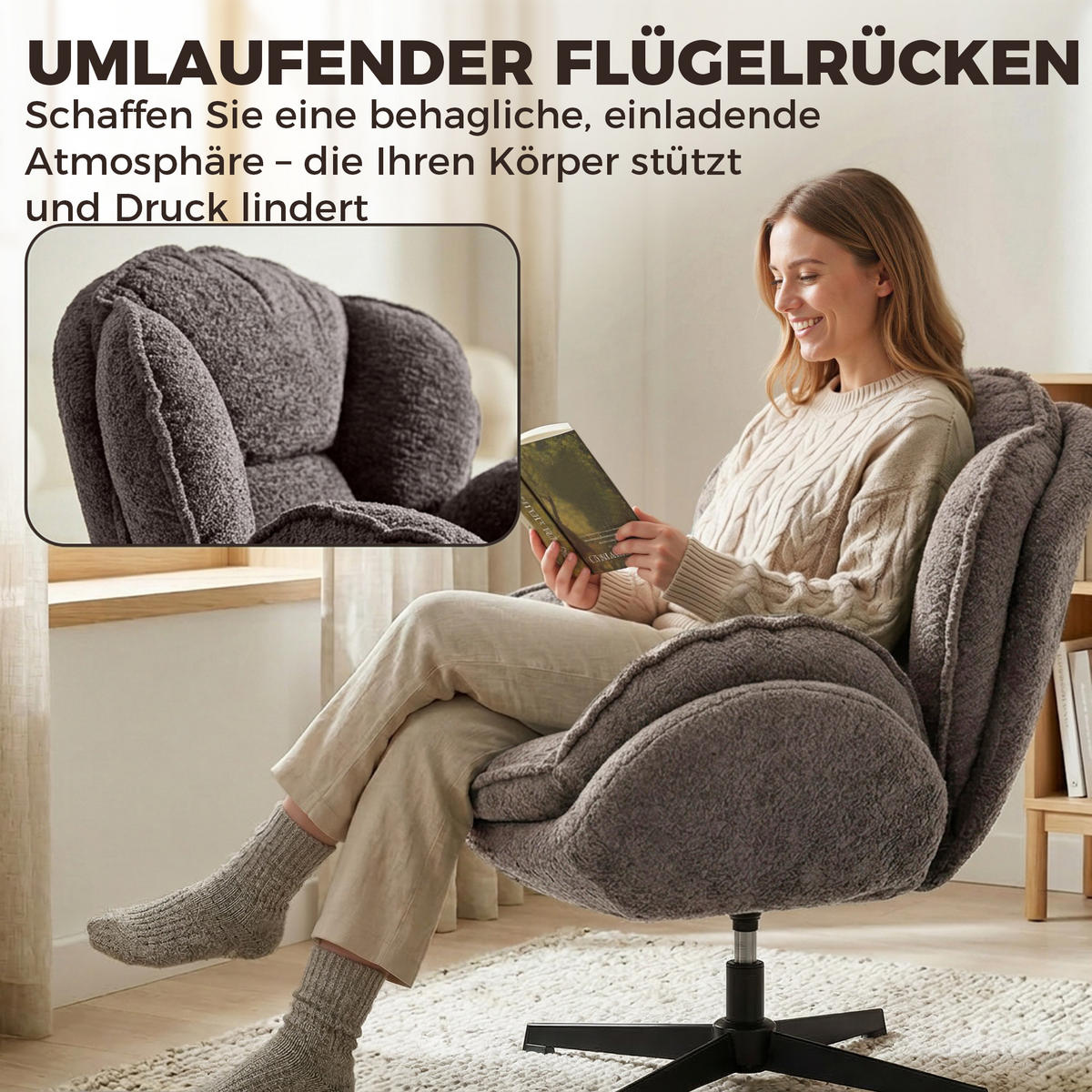 WINGBACK-SESSEL DE-06919 Samt, Vier-Sterne-Basis & 360° Drehung Grau - Grau, Textil/Metall (76/88/86cm) - ComfortXL