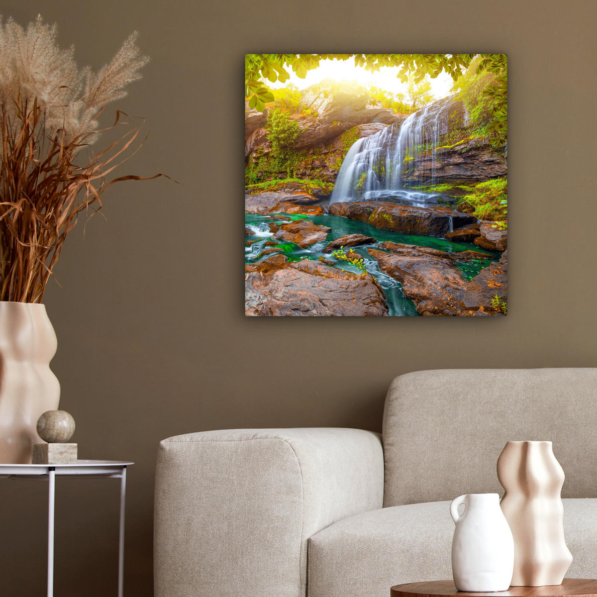 LEINWANDBILD Natur - Wasserfall - Pflanzen - Bäume - Sonne Wandbild Wohnzimmer 50x50 cm - Olivgrün, Textil (50/50cm) - MuchoWow