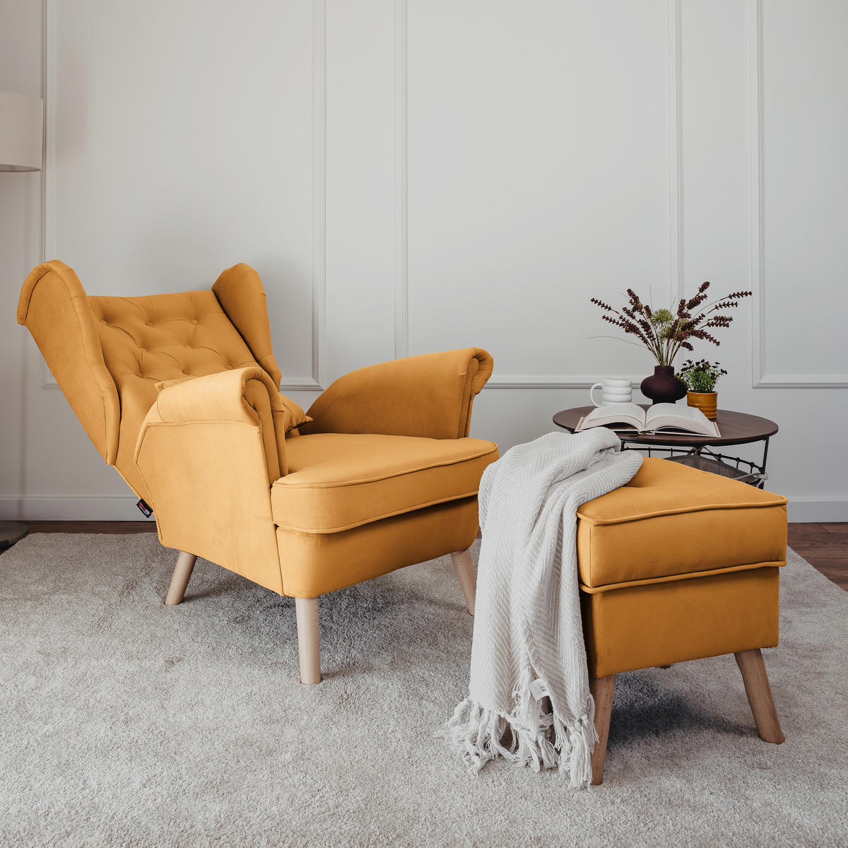 SESSEL mit Fußhocker Classic - Gelb, Holz (92/107/80cm) - Idohome