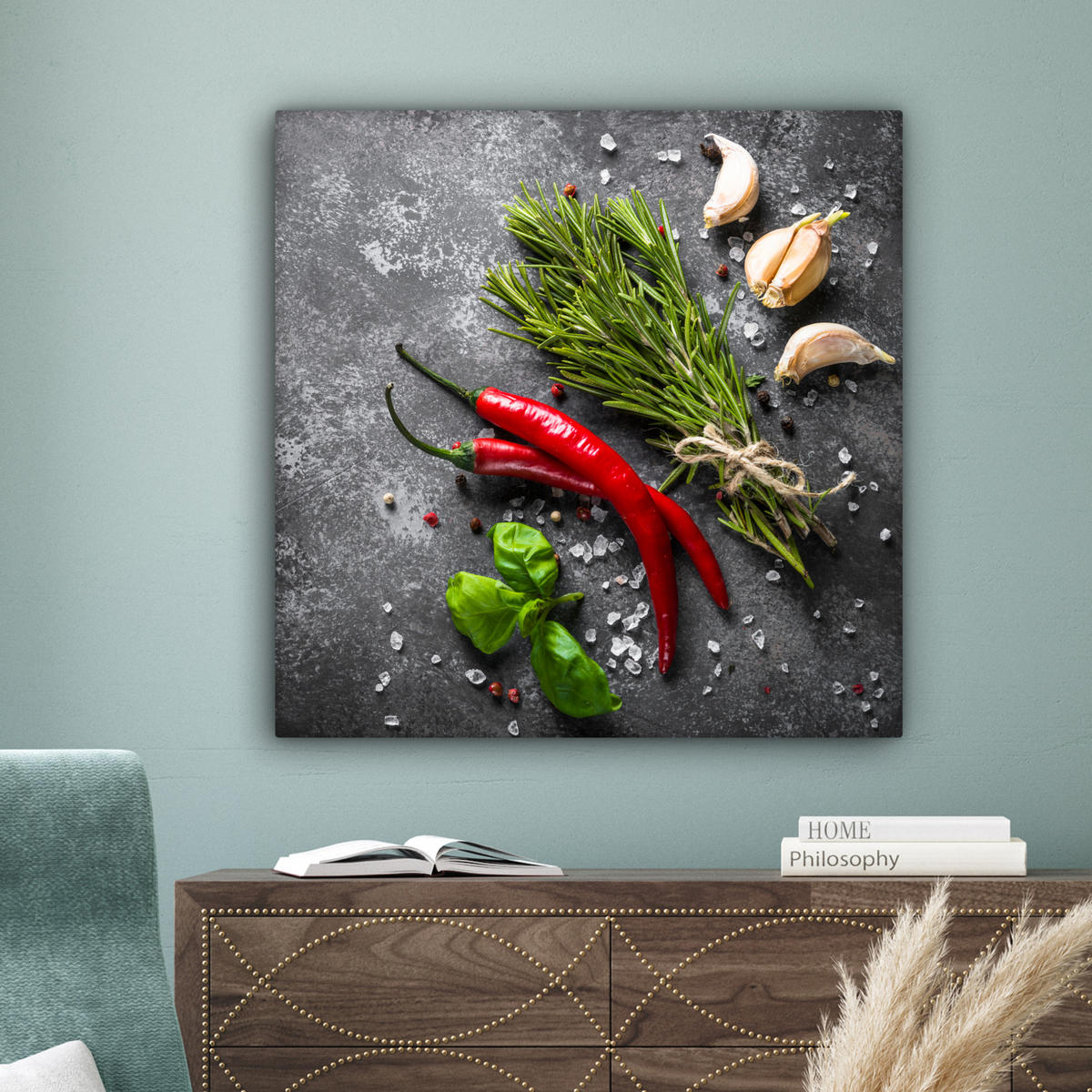 LEINWANDBILD Pfeffer - Kräuter - Gewürze - Beton 90x90 cm - Dunkelgrau, Textil (90/90cm) - MuchoWow