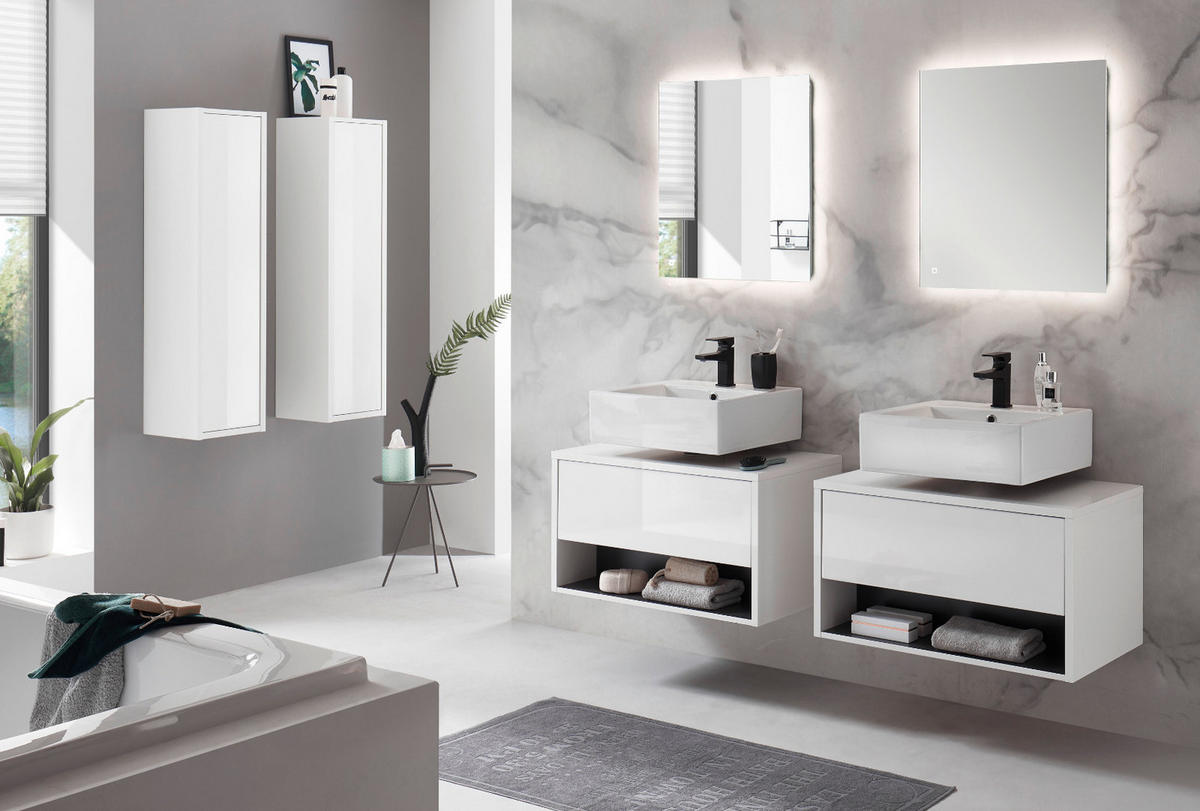 BADMÖBEL-SET 6-teilig weiß Hochglanz, grau, Komplettset mit LED Beleuchtung - Weiß Hochglanz/Grau, Glas/Holzwerkstoff (250/190/46cm) - Furn.Design