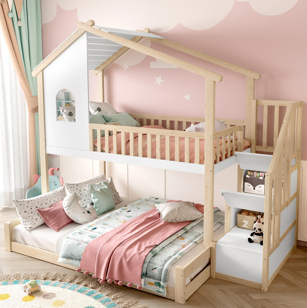ETAGENBETT 90/200 cm Natur-Weiß aus Kiefer mit Stauraumtreppe Hausoptik - Naturfarben, Holzwerkstoff (90/200cm) - OKWISH