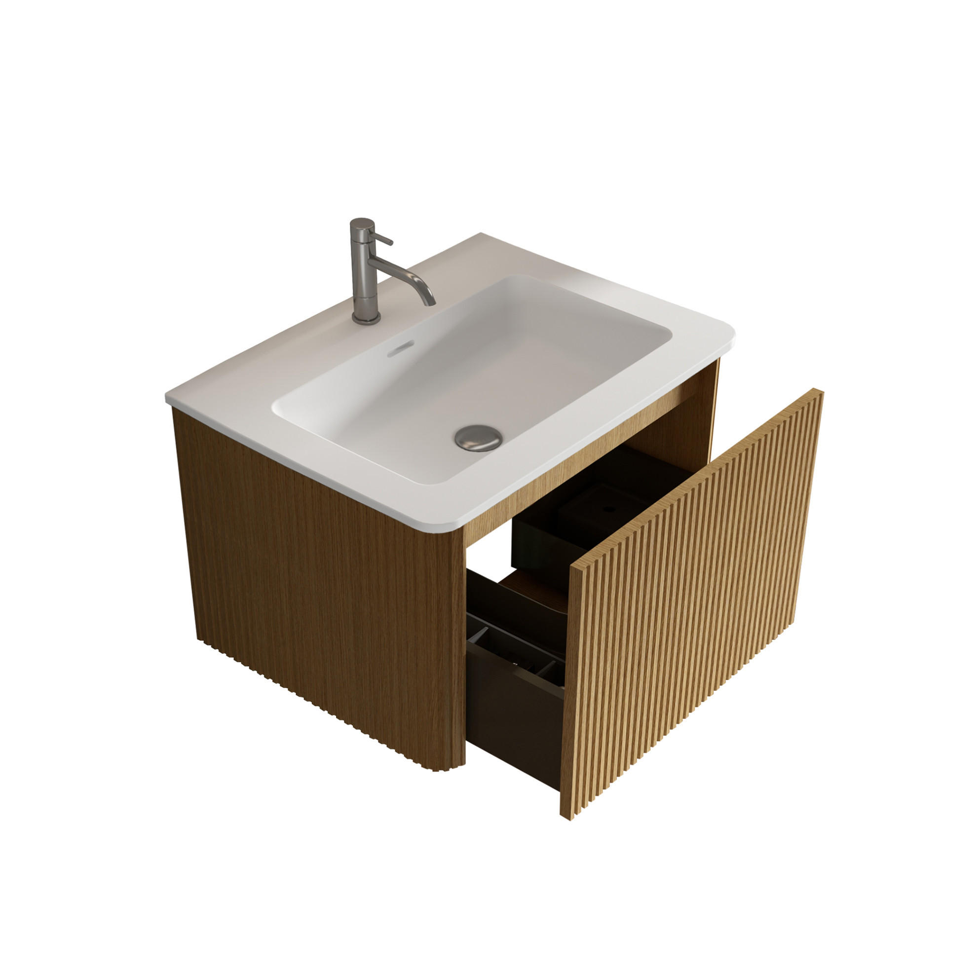 WASCHBECKEN mit Unterschrank aus MDF/Sperrholz 61x46x37 cm mit Solid Surface 60 cm Eiche, wandhängend, mit Push-to-Open-Schubladen - Eichefarben, Holzwerkstoff (61/37/46.5cm) - Modfu
