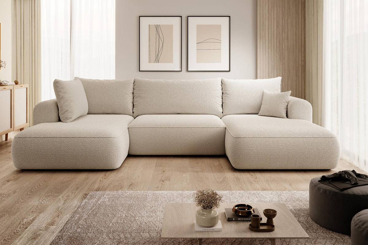 WOHNLANDSCHAFT Ovo Beige Boucle - Beige/Schwarz, Textil (375/95/185cm) - Selsey