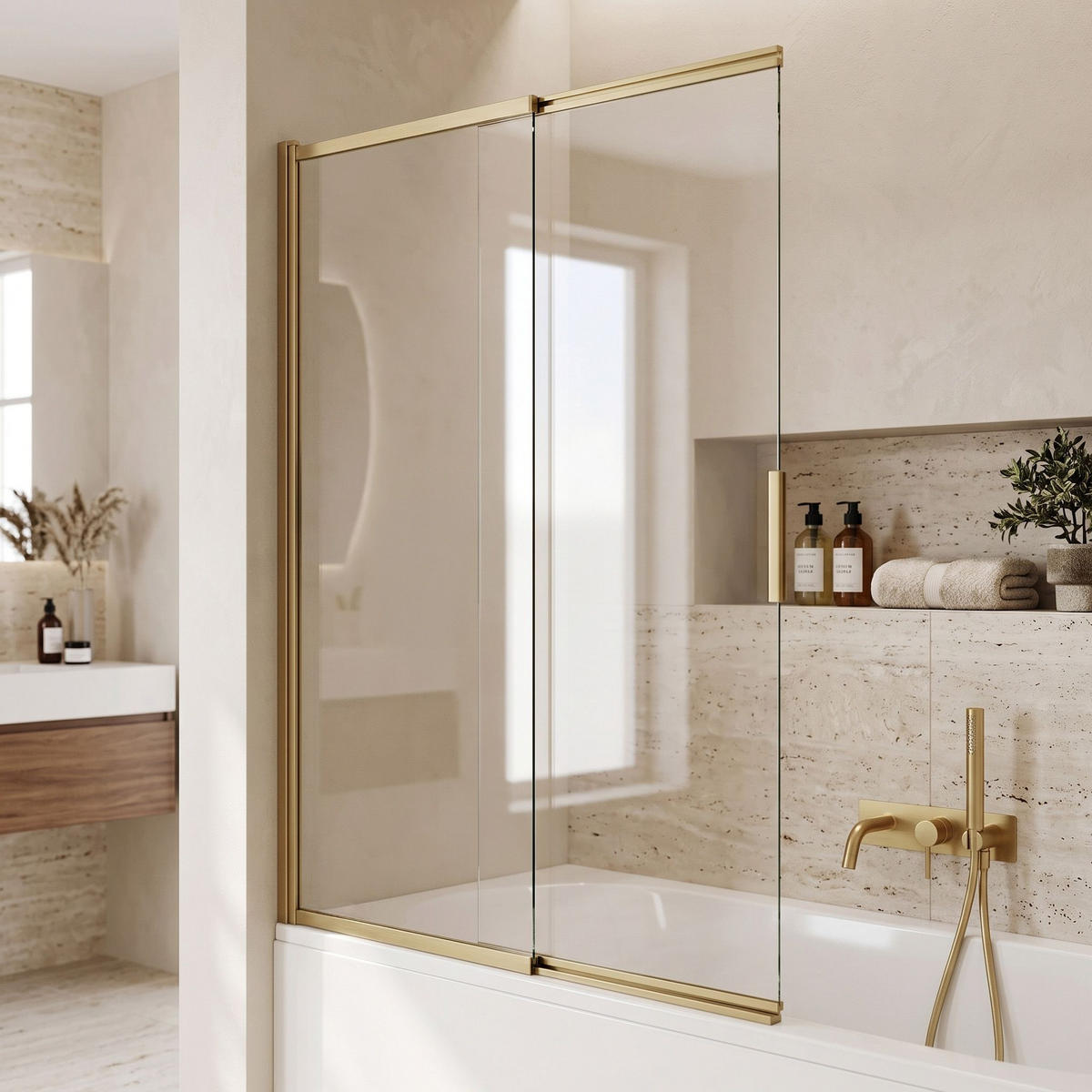 BADEWANNEN-DUSCHWAND Schiebetür Rea Dario Brush Gold 100 - Goldfarben, Glas (100/140cm) - REA