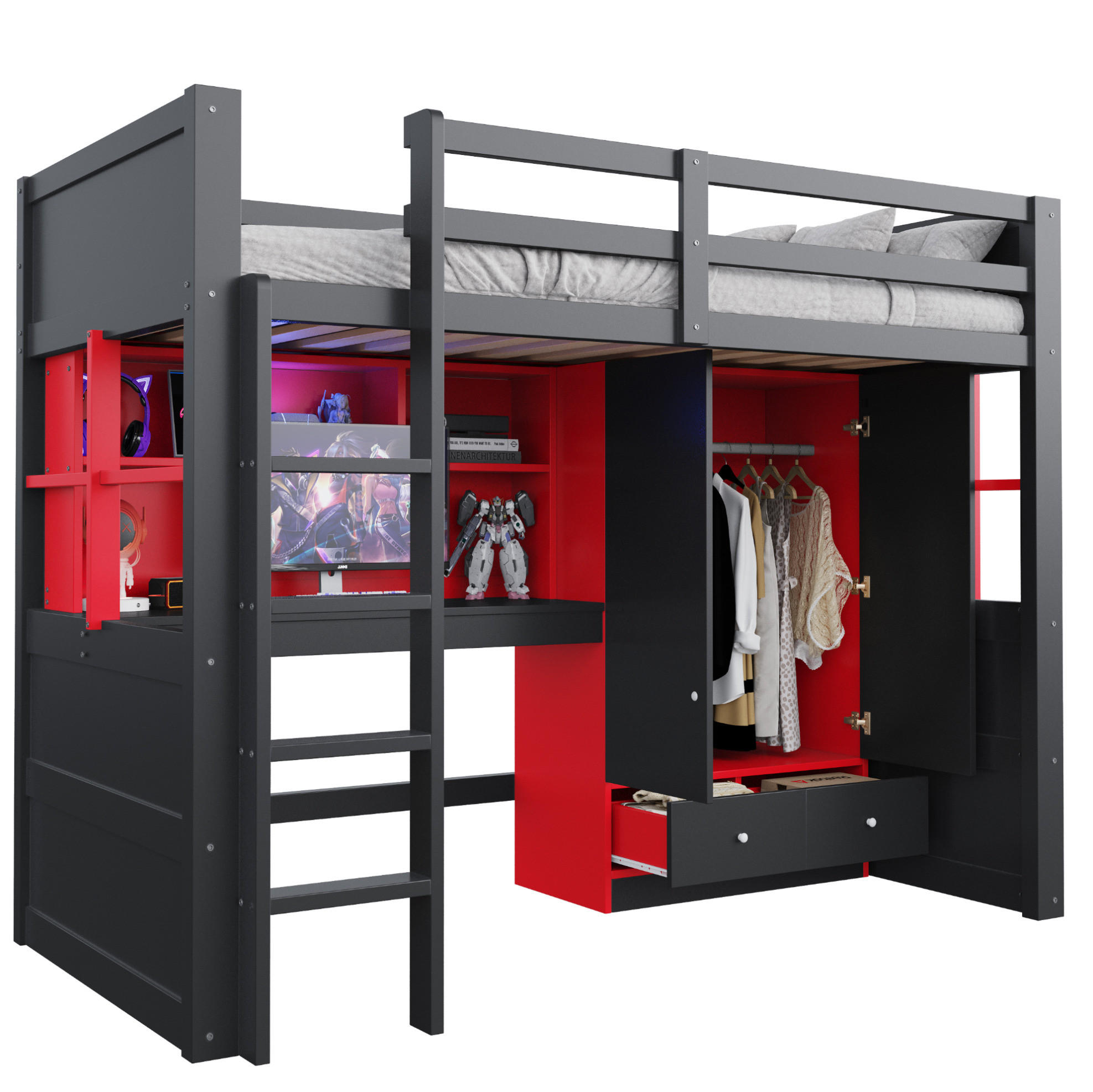 HOCHBETT 90/200 cm Schwarz-Rot mit LED, Lattenrost und Massivholz - Schwarz, Holz (90/200cm) - MIVRAY
