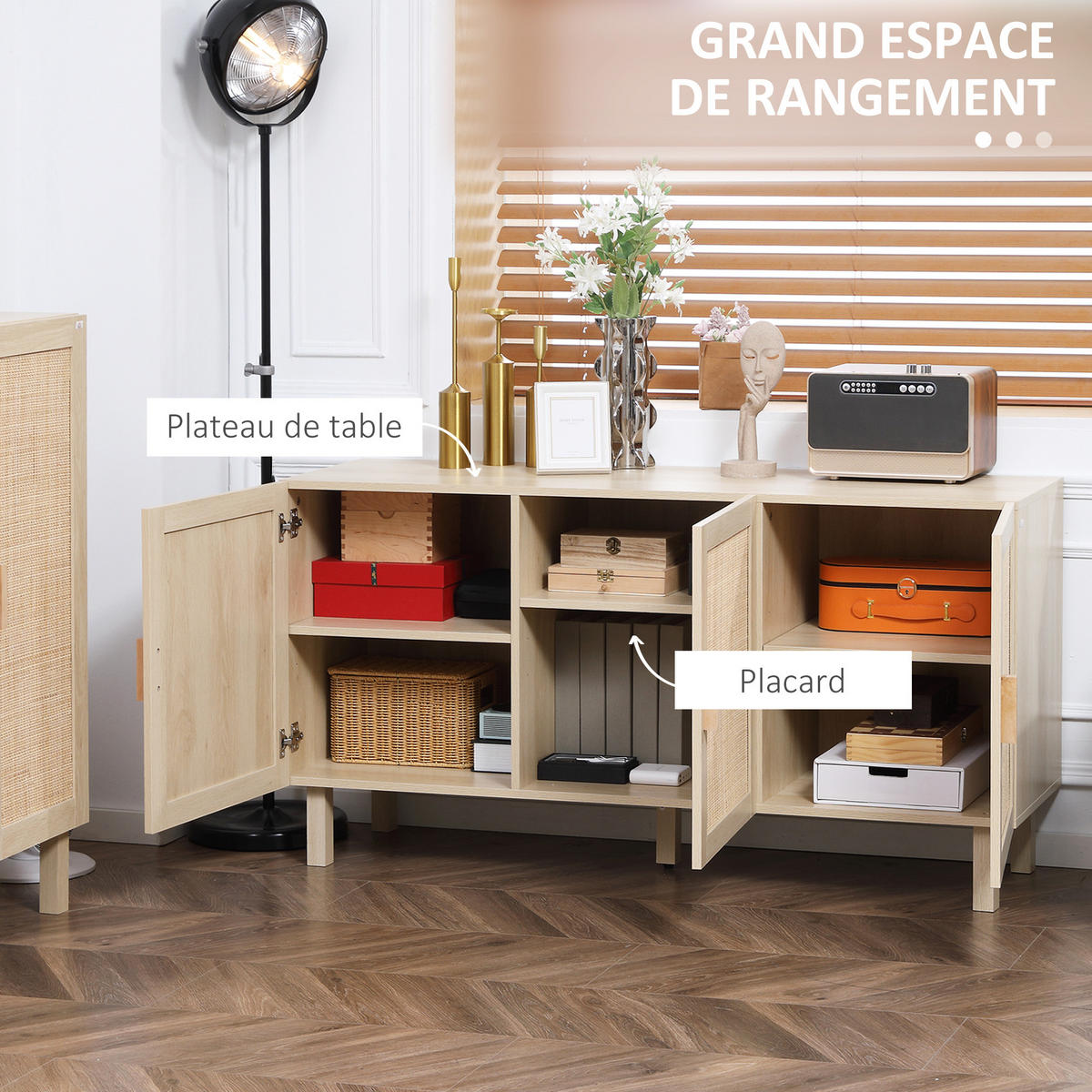 SIDEBOARD Holzwerkstoff/Rattan-Optik, 3 Türen, 136/41/70 cm - Naturfarben, Holz (136/70/41cm) - PANGIVO