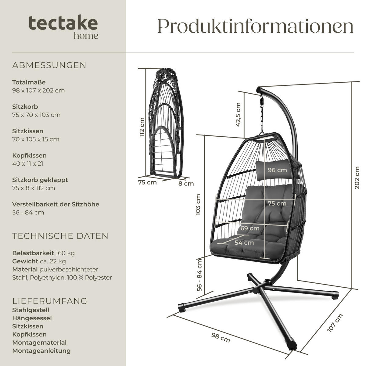 HÄNGESESSEL Ariane,inklusive Schutzhülle, 98 x 107 x 202 cm,dunkelgrau - Dunkelgrau, Kunststoff/Textil (98/202/107cm) - tectake