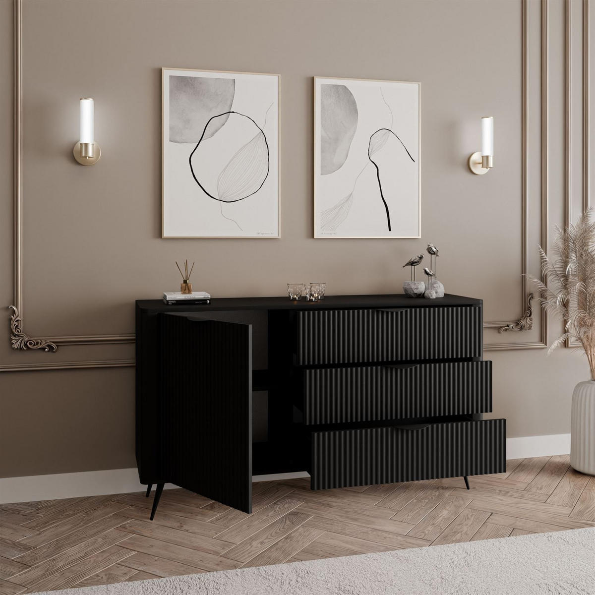 SIDEBOARDS SCARLETT 138 1D3S MIT SCHUBLADEN SCHWARZ - Schwarz, Holzwerkstoff (138/81/38cm) - Lookway