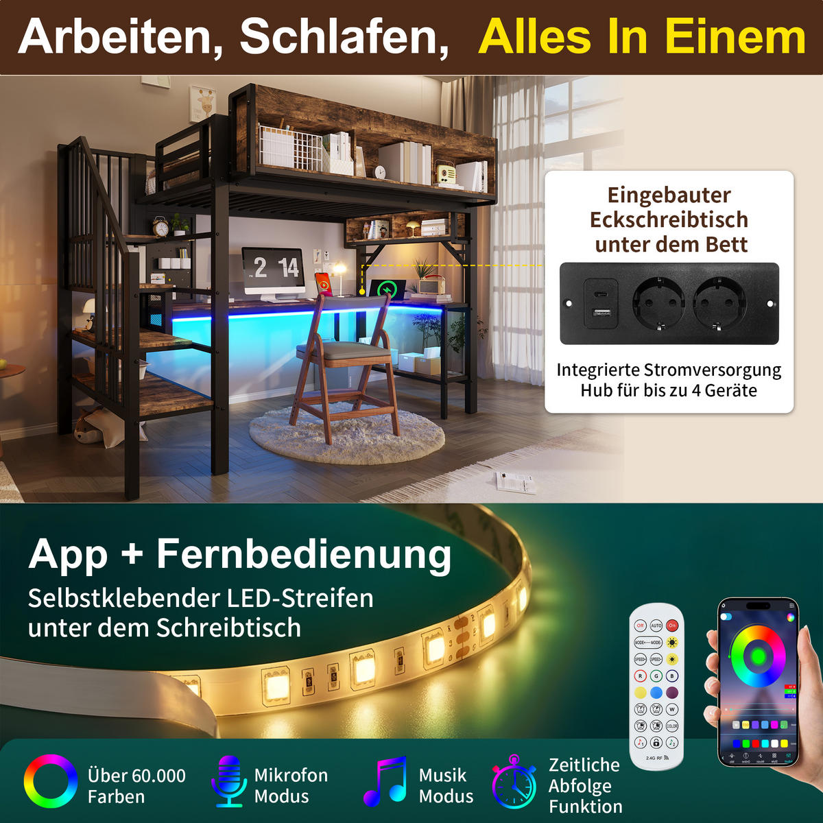 HOCHBETT 90/200 cm Schwarz mit Eckschreibtisch, Stauraum und LED - Schwarz, Holz (90/200cm) - Oxeza