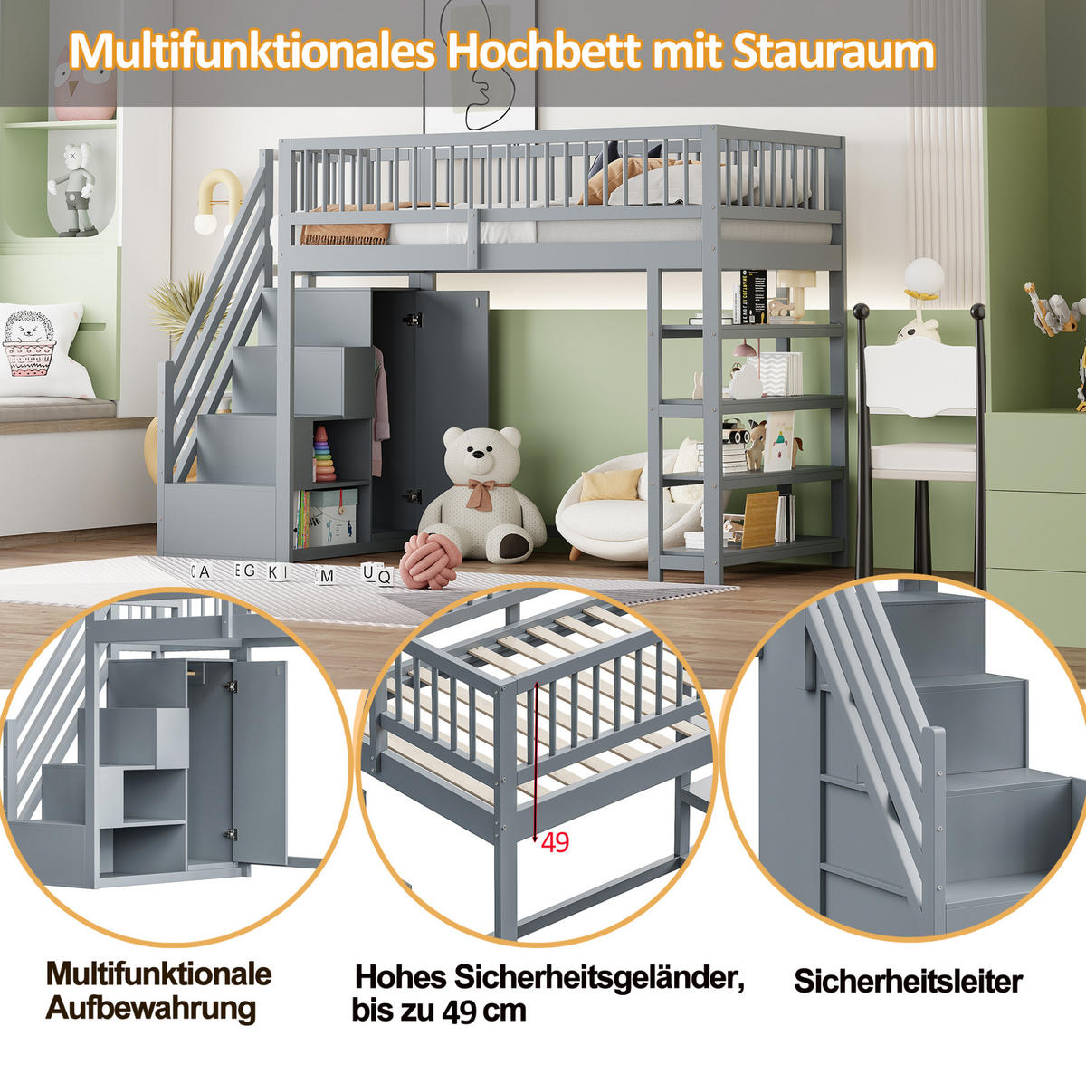 HOCHBETT aus Massivholz 90x200 cm Grau mit Kleiderschrank, Regalen und Stauraum - Grau, Holz (90/200cm) - Modfu