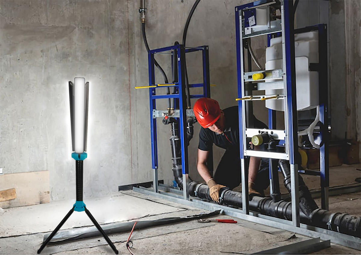 360°-AKKU-LED-STRAHLER - mit Stativ und 3 Lichtpanelen für gleichmäßige Beleuchtung in Werkstätten und Baustellen, 1er-Set - Weiß, Kunststoff (9/9/99cm) - Northpoint