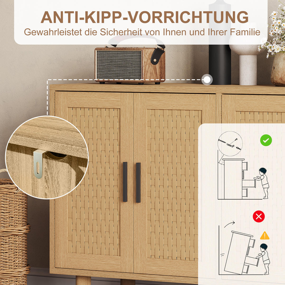 SIDEBOARD Rattan mit Türen aus Cannage, Buffetschrank verstellbare Einlegeböden, Holzoptik Natur - Naturfarben, Holz (40/80/140cm) - PARAFTA HOME