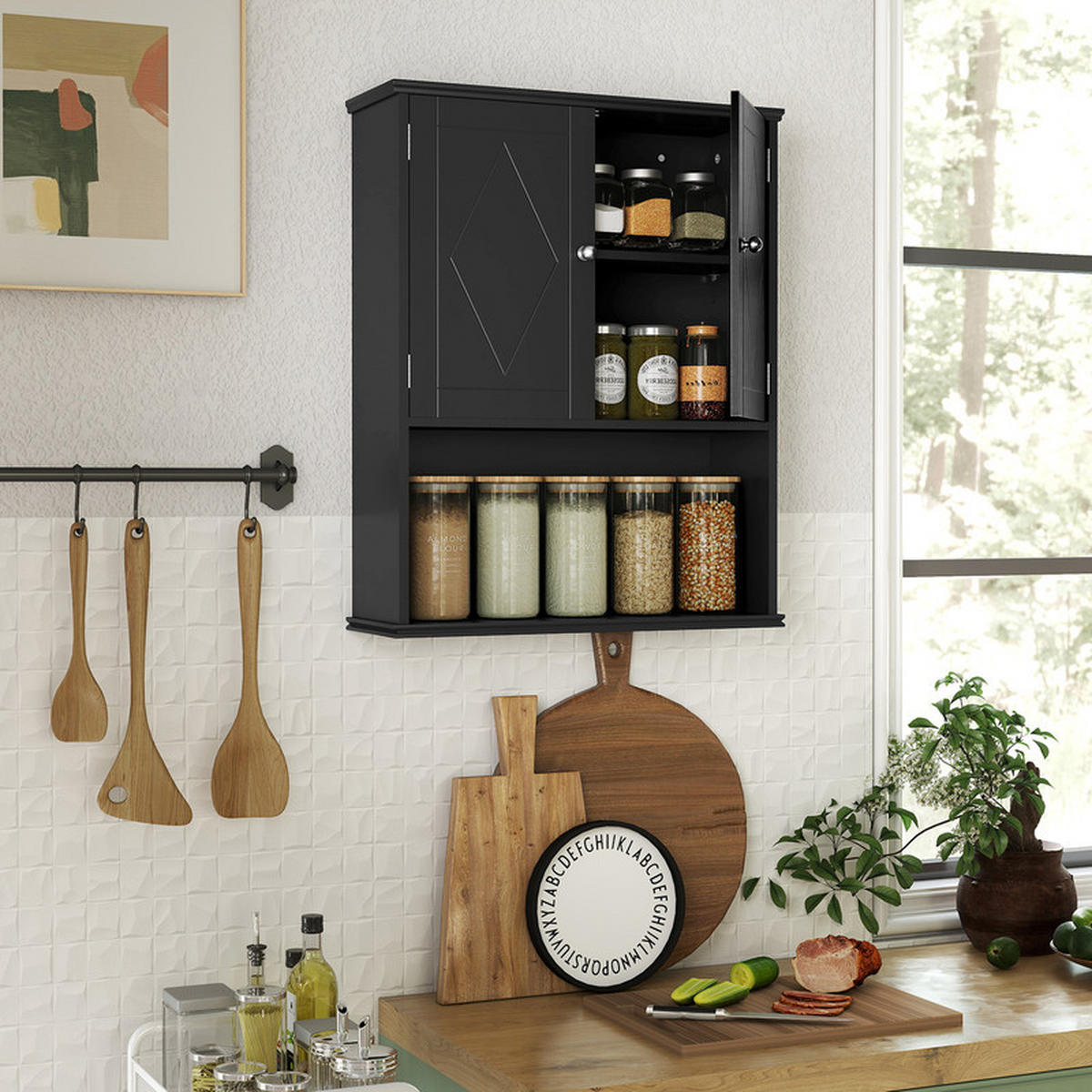 BAD-HÄNGESCHRANK mit 2 Türen schwarz - Schwarz, Holzwerkstoff (55.5/75/21cm) - COSTWAY
