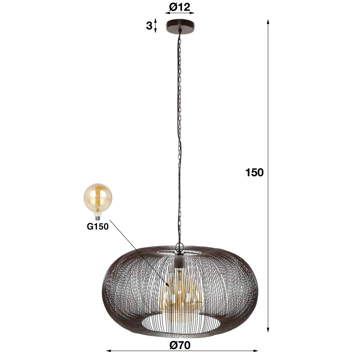 HÄNGELEUCHTE Kupfer Schwarz 70/70/ 150 cm - Schwarz, Metall (70/70/150cm) - Hoyz Collection