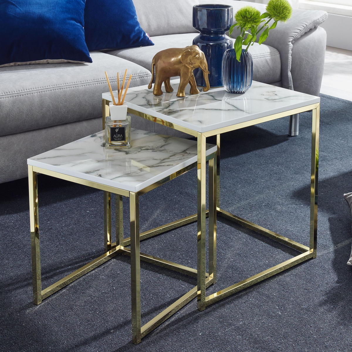 BEISTELLTISCH 2er Set Marmoroptik Metall Robust, Weiß 45x45x50 cm - Goldfarben/Weiß, Holz/Metall (45/45/50cm) - KADIMA DESIGN