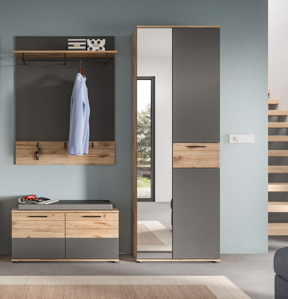 GARDEROBEN-SET Eiche, grau 3-teilig 175 cm mit Soft-Close - Eichefarben/Schwarz, Glas/Holzwerkstoff (175/200/37cm) - Inn.Furn