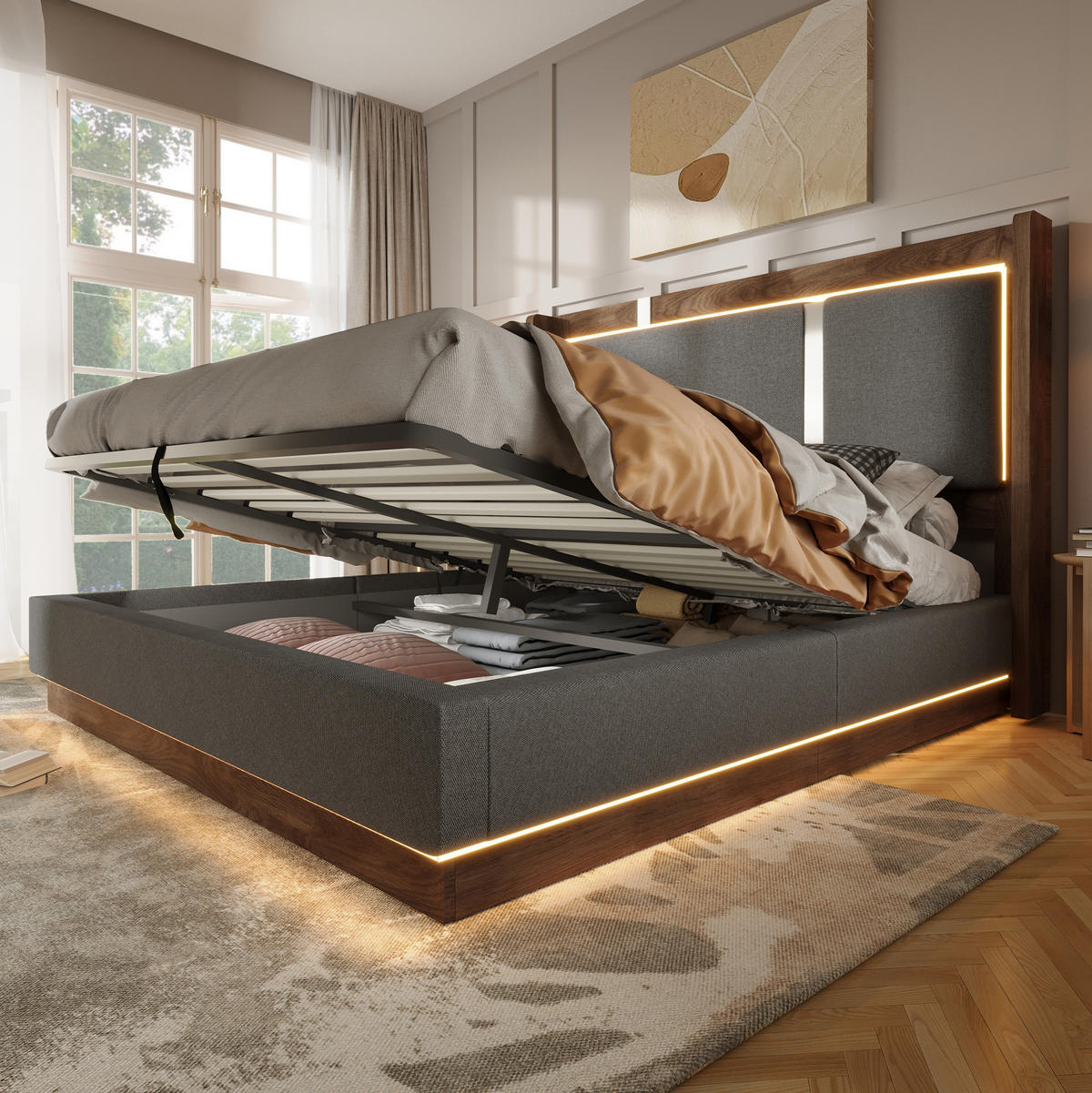 POLSTERBETT 140x190 cm in Grau mit LED-Beleuchtung und Stauraum - Grau, Textil (140/190cm) - IVMEU