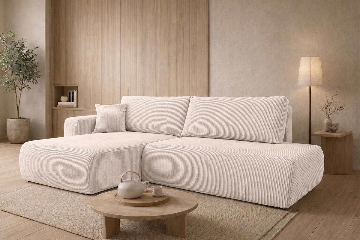 ECKSOFA Mit Schlaffunktion Und Bettkasten, Cordstoff Poso, Beige, Links, OPEN XL - Creme, Holz (262/145cm) - Kaiser Möbel